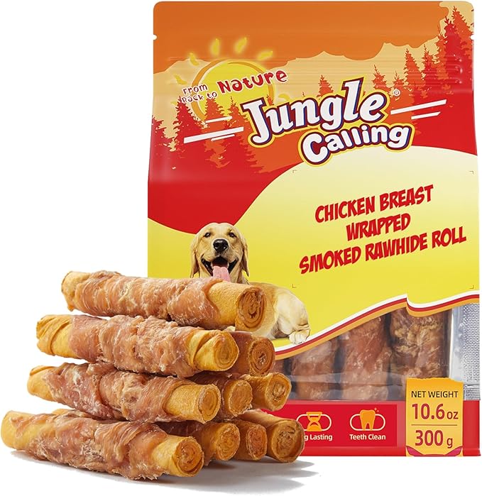 Jungle Calling Dog Treats Smoked Chicken Wrapped Rawhide Rolls, High Protein Dog Chews, Rawhide Chews for Medium and Large Dogs, 10.6 Oz