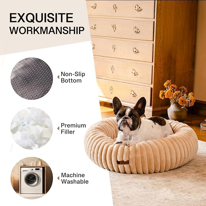 MEWOOFUN Donut Dog Beds for Small Dog, Calming Bed Round Cute Puppy Bed with Non-Slip Bottom, Fluffy Washable Pet Bed for Puppy and Kitten (Light Brown, S (25x25x7))