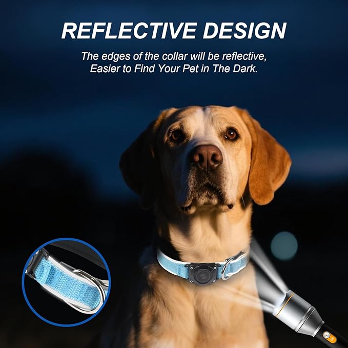 Waterproof Airtag Dog Collar - Nylon Collar with Durable Airtag Holder, Reflective&Anti-Lost with Safety Metal Buckle, Soft Padded Adjustable for Small Medium Large Dogs Blue XL