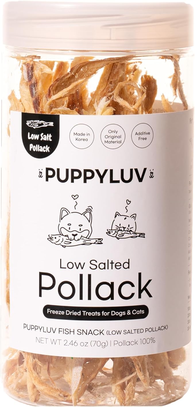 Puppyluv Treat - Air Dried Pollock Dog & Cat Treats, Wild Caught, Single Ingredient, Natural High Protein & Fish Oil, Grain Free, Gluten Free, 2.5oz