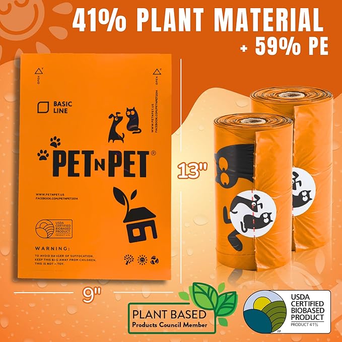 Pet N Pet 1080 Counts Orange Poop Bags for Dogs, 41% Plant Based & 59% PE Extra Thick Dog Poop Bags Rolls, 9" x 13", Unscented Pet Waste Bag