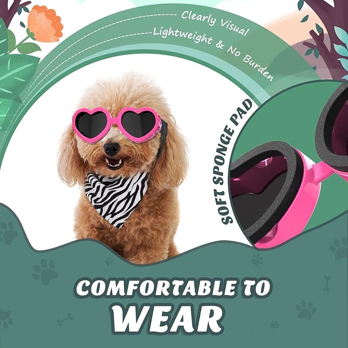 Small Dog Sunglasses UV Protection Goggles Eye Wear Protection with Adjustable Strap Doggy Heart Shape Anti-Fog Sunglasses for Pet Dogs Sun Glasses Doggie Windproof Glasses, Pink
