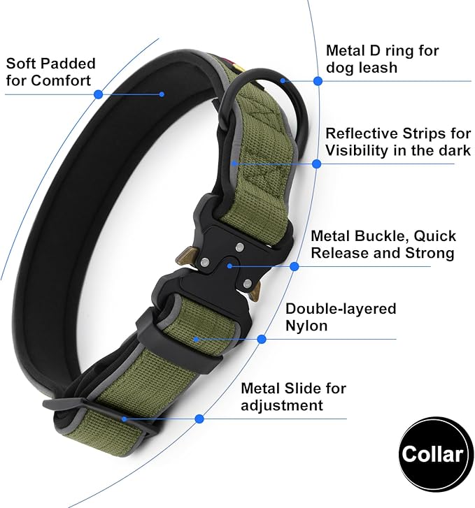 Plutus Pet Tactical Dog Collar, Reflective, Adjustable Heavy Duty Dog Collar, Soft Padded and Comfortable, for Small Medium and Large Dogs (Ranger Green, M)