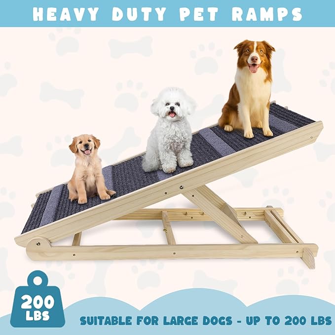 Dog Ramp for Bed, 6 Adjustable Height from 13.8" to 25.6", Folding Portable Wooden Pet Ramp for Small Dogs - Non-Slip High Traction Dog Ramp for High Bed Couch and Car Up to 200lbs