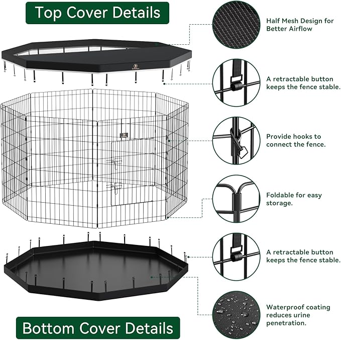 PJYuCien Dog Playpen, 8 Panels 36’’H Dog Pens Indoor with Bottom Pad and Top Cover, Metal Foldable Pet Puppy Exercise Fence Crate Kennel, Better for Medium Animals,Black
