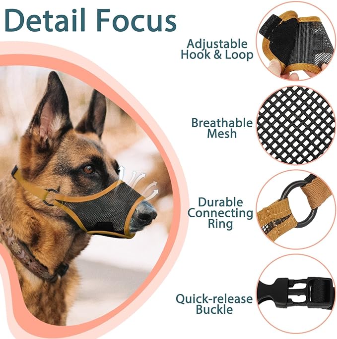LUCKYPAW Dog Muzzle, Mesh Muzzle for Large Medium Small Dogs, Soft Mouth Guard for Biting Chewing, Breathable Mouth Guard with Adjustable Strap for Training(Brown, L(Snout:9.75"-11"))