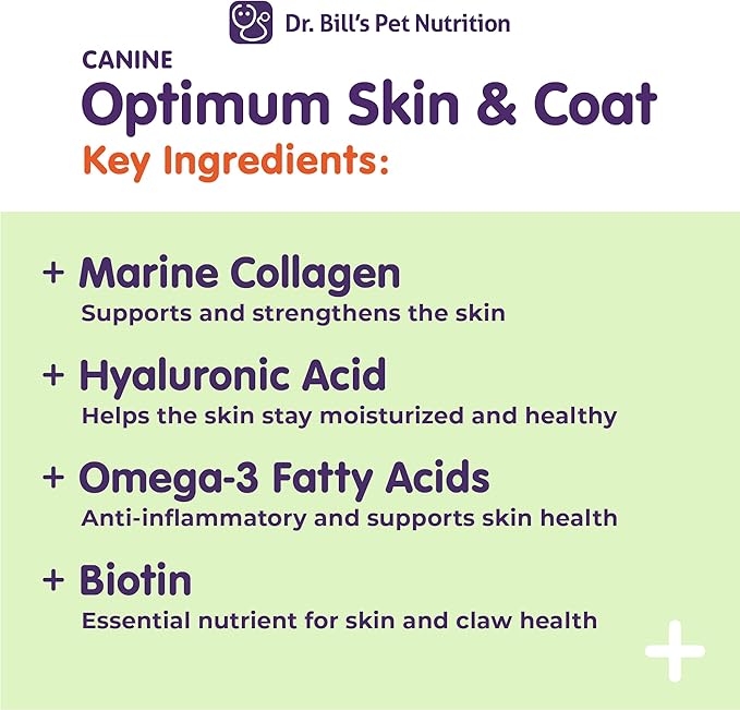 Dr. Bill's Canine Optimum Skin & Coat – Reduces Shedding, Itching, Dry Skin – Allergy Relief for Healthy Fur - Omega 3, Collagen, Biotin & Hyaluronic Acid – 680g Vet-Recommended Dog Supplement