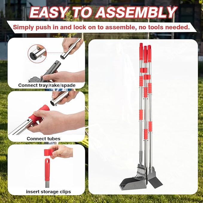 Pooper Scooper, Long Handle Dog Pooper Scooper, Heavy Duty Stainless Steel Rake with Tray & Spade Set for Pet Waste Removal, for Grass, Dirt or Gravel