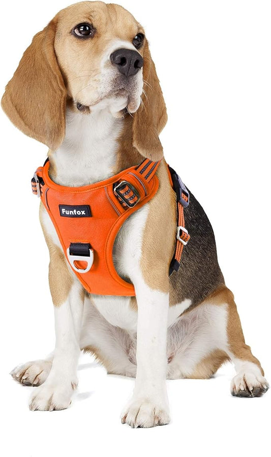 Funfox Dog Harness No Pull, Adjustable Pet Vest Harness, Super Soft Material with Vertical Handle Easy Control, Reflective Night Walking, 2 Leash Clips for Small Sized Dogs, Orange, S