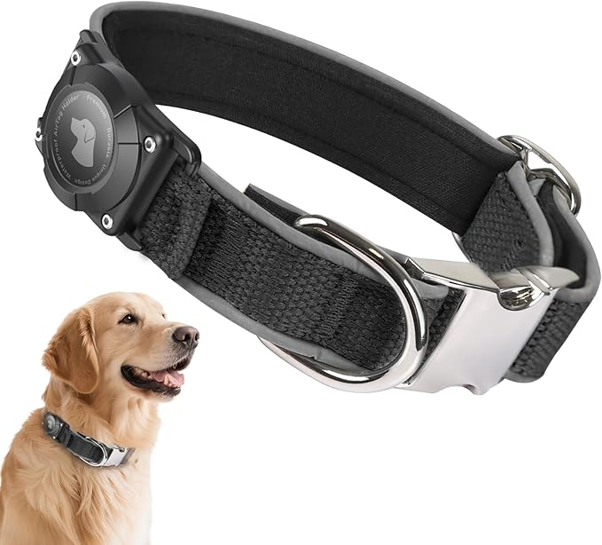 Waterproof Airtag Dog Collar - Nylon Collar with Durable Airtag Holder, Reflective&Anti-Lost with Safety Metal Buckle, Soft Padded Adjustable for Small Medium Large Dogs Black S