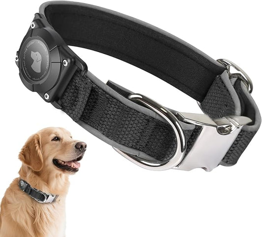 Waterproof Airtag Dog Collar - Nylon Collar with Durable Airtag Holder, Reflective&Anti-Lost with Safety Metal Buckle, Soft Padded Adjustable for Small Medium Large Dogs Black L
