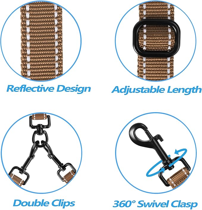 PetBonus Double Dog Leash, No Tangle Dual Leash, Reflective Walking Training Lead, 4 Comfortable Padded Handles for 2 Dogs with Collapsible Bowl and Waste Bags (Brown, Large)