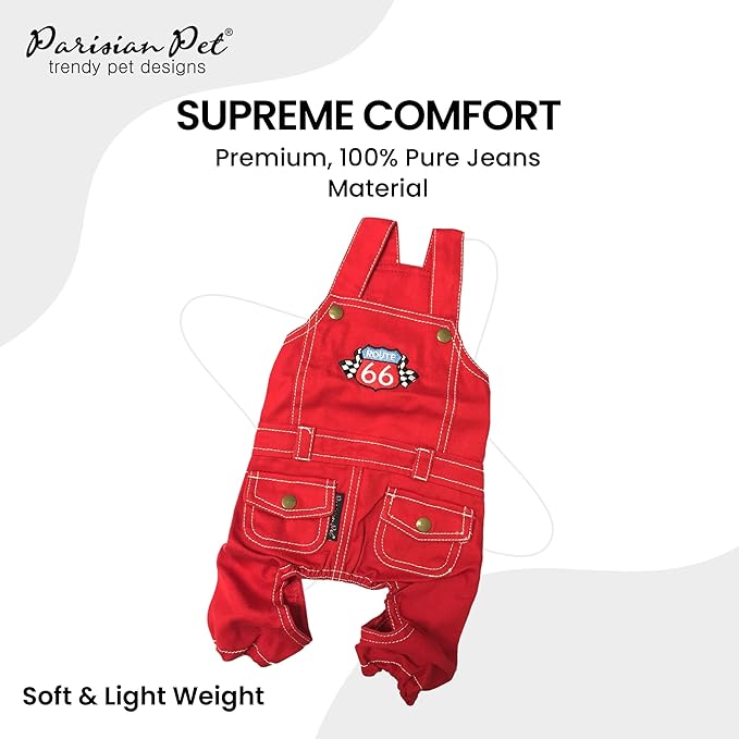 Parisian Pet Denim Overall - Embroidered “ Route 66 “ Red Dog Jumpsuit - Breathable Dog Costume - Machine Washable Dog Outfit - Dog Overalls for Small Dogs - S