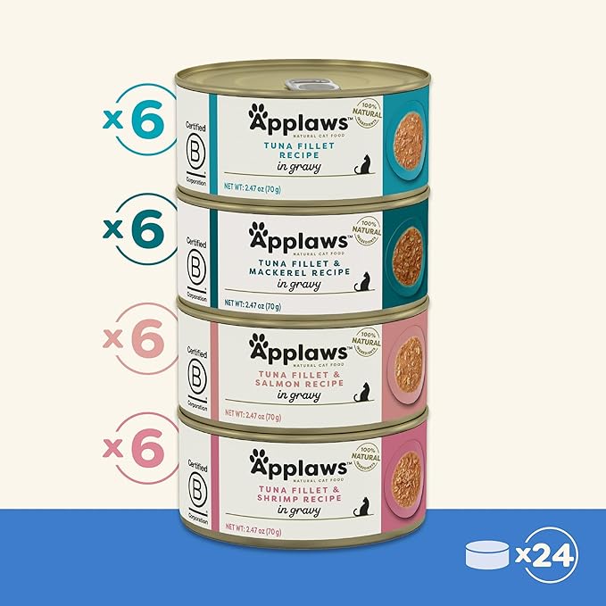 Applaws Natural Wet Cat Food in Gravy, Limited Ingredient Canned Wet Cat Food, No Additives, Made with Natural Ingredients, Fish Selection in Gravy Cans (24 x 2.47oz Cans)