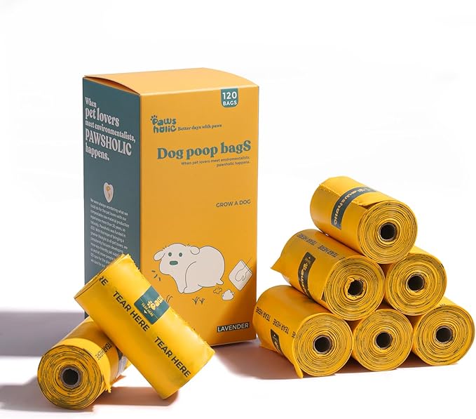 Dog Poop Bags Rolls Cornstarch Based Thickened&100% Leak Proof Dog Waste Bags -120 Count 8 Rolls - Doggie Poop Bag for puppy and Big Dogs(Lavender)