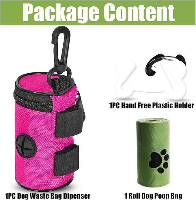 Dog Poop Bag Dispenser for Leash Attachment - Portable Set With Waste Bags & Hand-Free Carrier, Fits Any Leash, Round, Pink