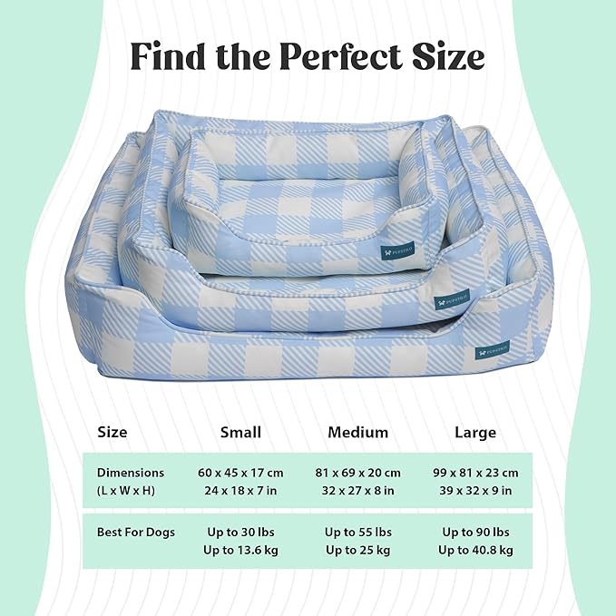 Orthopedic Bolster Dog Bed – CertiPUR-US Foam, Recycled Polyester Canvas, Washable Cover, Anti-Slip Bottom, Large, Light Blue Check – Stylish Designer Dog Sofa