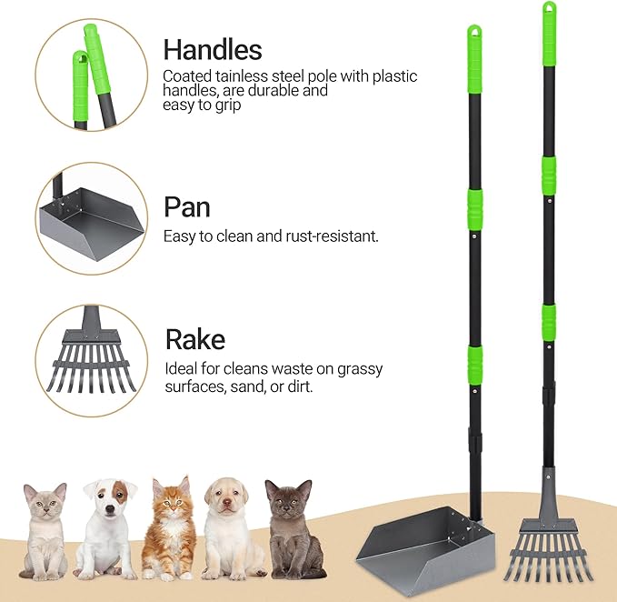 Heeyoo Dog Pooper Scooper, Dog Poop Tray and Rake Set, Pet Waste Removal Scoop with Long Adjustable Sectional Stainless Handles