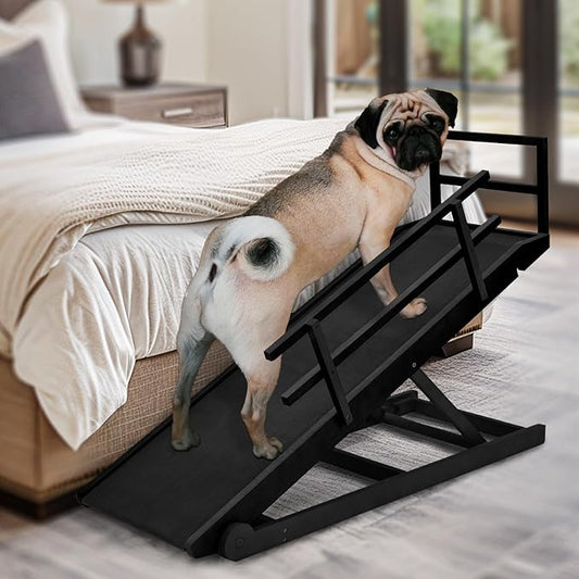 Dog Ramp for Bed, Adjustable Pet Ramps for Dog to Get on Bed, Non-Slip Rubber Surface - Folding Wooden Dog Ramp for Small/Large/Old Dogs, Adjustable up to 23.5 inch High Beds, Safety Railings