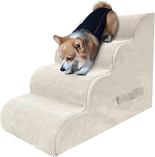 PAWSCART Dog Stairs for Small Dogs and Cats, 4-Step Dog Steps for Bed, 19.6" H Pet Stairs for High Bed, Pet Ramp for Couch, Sofa, Non-Slip Surface Removable Washable Cover, Beige