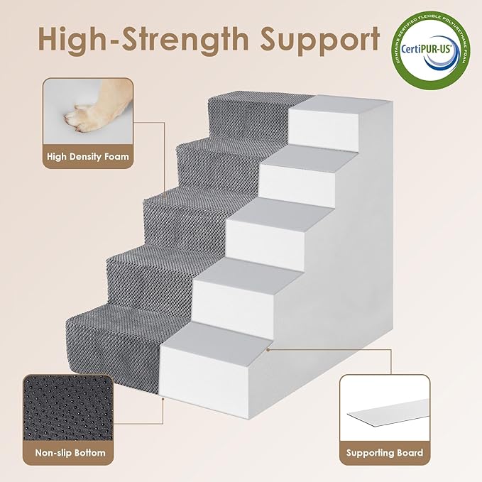 EHEYCIGA Dog Stairs for High Bed 25" H, 5-Step Extra Wide Dog Steps for Bed, Pet Steps for Small Dogs and Cats, Non-Slip Balanced Pet Ramp Indoor, Grey