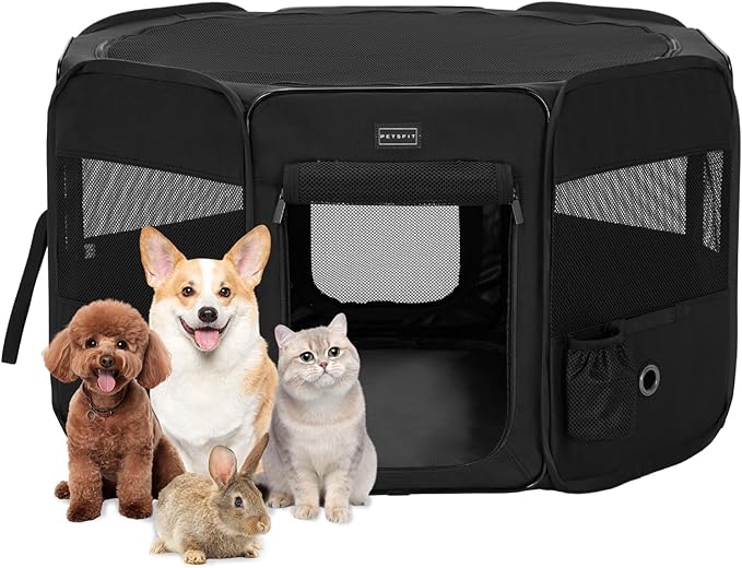 PETSFIT 45.5" Dog Playpen with Dual Zipper Doors –Sturdy Foldable Pet Playpen for Large & Medium Dogs with Removable Mesh Top and Leakproof Bottom
