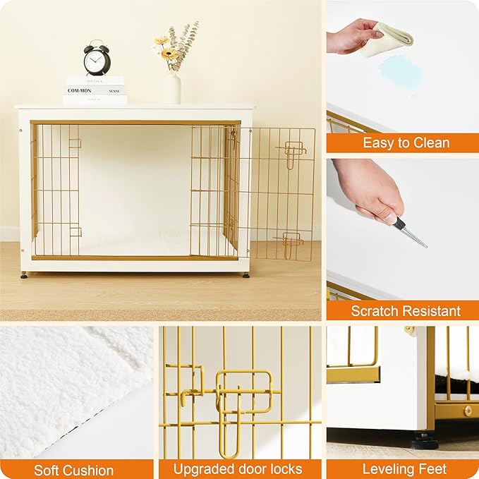 DWANTON Dog Crate Furniture with Cushion, Wooden Kennel Table with Double Doors, Indoor Dog House, Large Size, 38.5" L, White