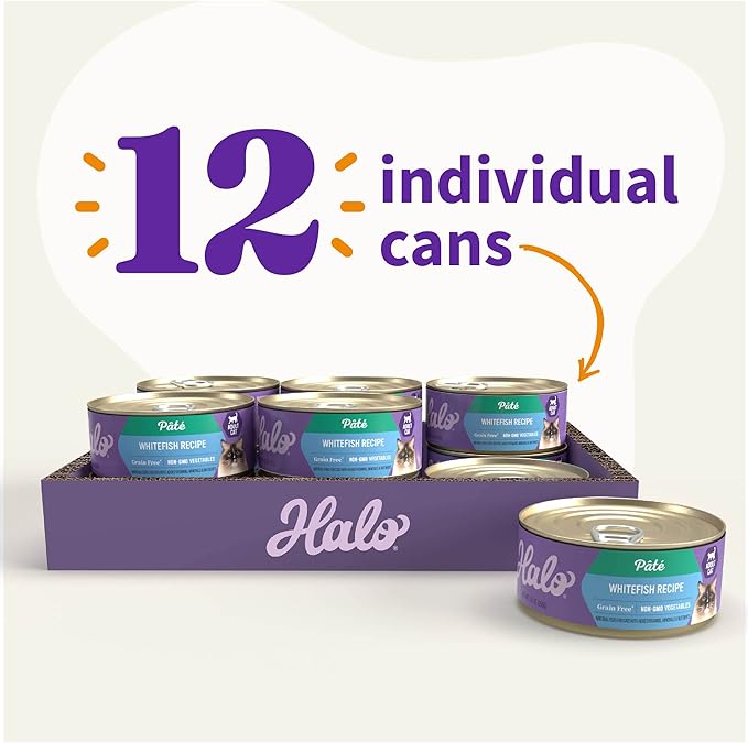 Halo Wet Cat Food Whitefish Recipe, Grain Free Wet Cat Pate, Canned Cat Food for Extra Hydration, 5.5 Oz Can (Pack of 12)