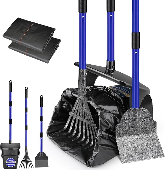 SlowTon Dog Pooper Scooper - 37.4" Long Handle Adjustable Metal Swivel Bin & Rake & Spade Kit with 20 Waste Bags, Portable Pooper Scooper for Gravel Lawn Grass, Suit for Small Medium Large Dog