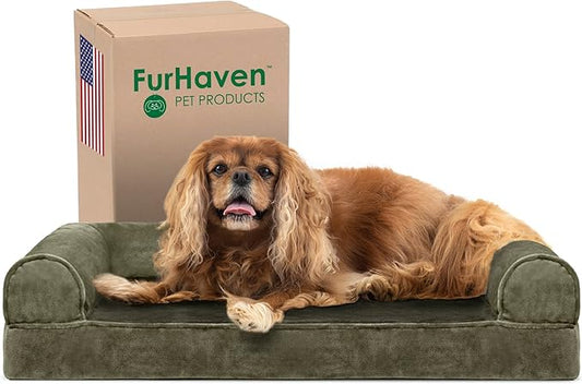 Furhaven Cooling Gel Dog Bed for Medium/Small Dogs w/ Removable Bolsters & Washable Cover, For Dogs Up to 35 lbs - Faux Fur & Velvet Sofa - Dark Sage, Medium