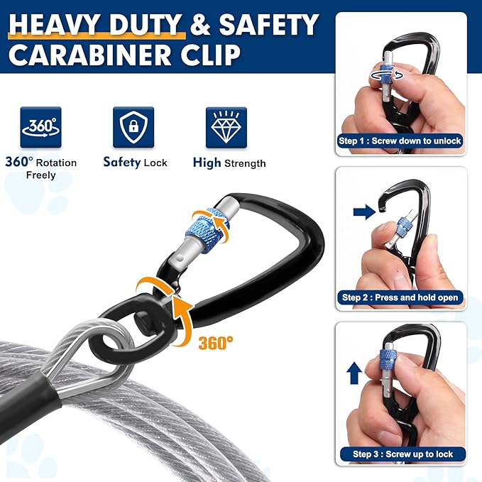 Snagle Paw Dog Leads for Yard 50FT-1000LBS Break Strength,Heavy Duty Tie Out Cable for Dogs with Swivel Lockable Hook & Spring,Chew Proof Dog Chain for Outside,Dog Run Cable for Medium Large Dogs