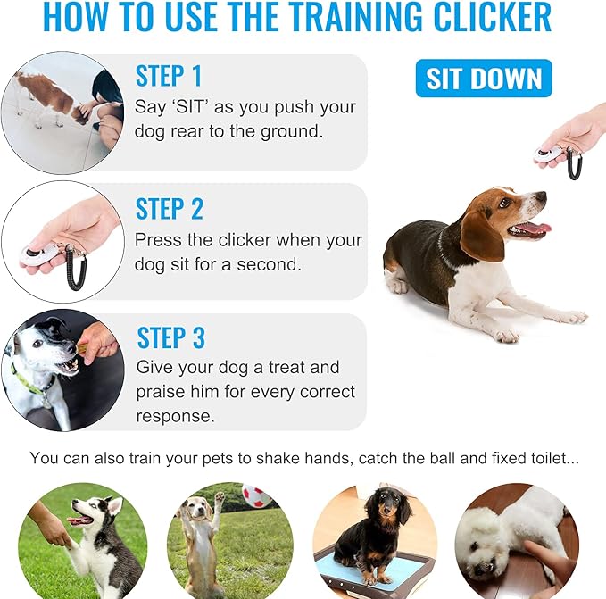 Dog Clicker for Training, 2 Pack Dog Training Clicker, Clicker Dog Training with Wrist Strap, Pet Training Clicker, Perfect for Dog Cat Puppies Behavioral Training (Blue and White)
