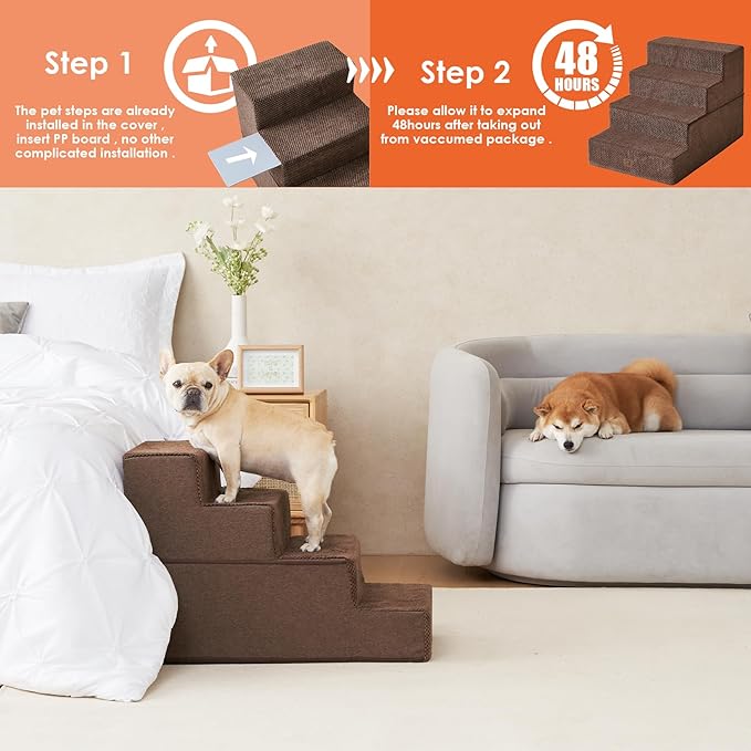 EHEYCIGA Dog Stairs for Bed 20" H, 4-Step Extra Wide Dog Steps for High Bed, Pet Steps for Small Dogs and Cats, Non-Slip Balanced Pet Ramp Indoor, Brown