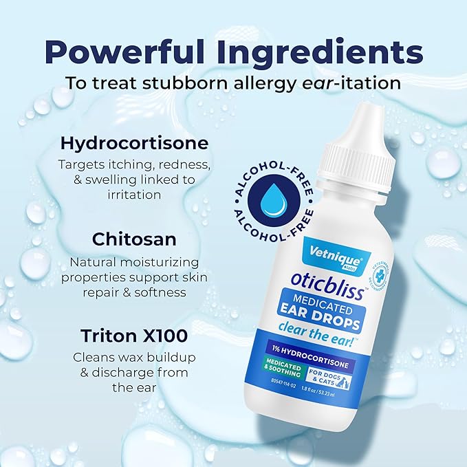Vetnique Oticbliss Medicated Cat & Dog Ear Cleaner Drops - Dog Ear Infection Treatment with 1% Hydrocortisone to Soothe Itching, Redness, & Swelling - Vet Recommended