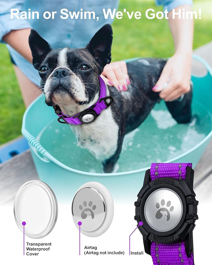 TagME Airtag Dog Collar,Waterproof Reflective Pet Collar with Airtag Holder,Soft Padded and Double D-Rings for Small Dogs,Purple