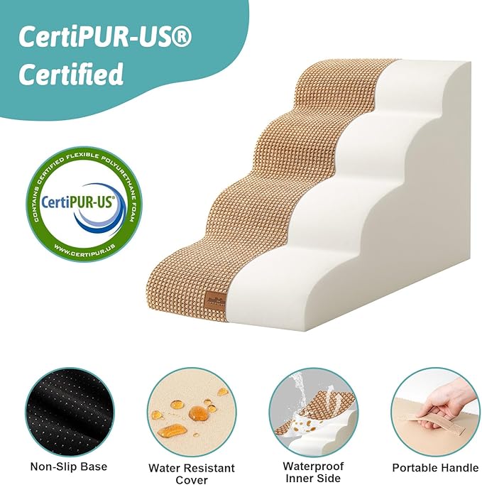 Dog Stairs for Small Dogs 19.7" H, Curved Dog Step for Puppy, Older or Cat, Medium Pet Ramp for Sofa, Couch or Bed, Ladder with High Density Foam, 15.7x28.3x19.7 inch, 4 Step, Light Brown