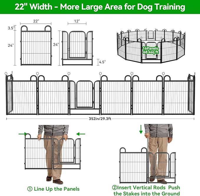 Puppy Playpen 16 Panels Small Dog Fence Outdoor Indoor Use 24" Height Anti-Rust with Doors Portable Dog Play Pen for RV Camping Yard, Total 29FT, 68 Sq.ft, Snowy Black