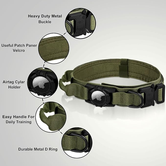 Tactical AirTag Dog Collar Leash Set - Heavy Duty, Adjustable GPS Collar Compatible with Apple AirTag, with Holder & Control Handle for Medium/Large Dogs [Green, XL]