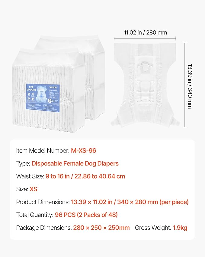 VEVOR Disposable Dog Diapers, Super Absorbent Female Dog Diapers, 360° Leak-Proof Female Doggy Pet Diaper with Wetness Indicator for Heat Period, Training, Incontinence - M, 96 Count (2 Packs of 48)