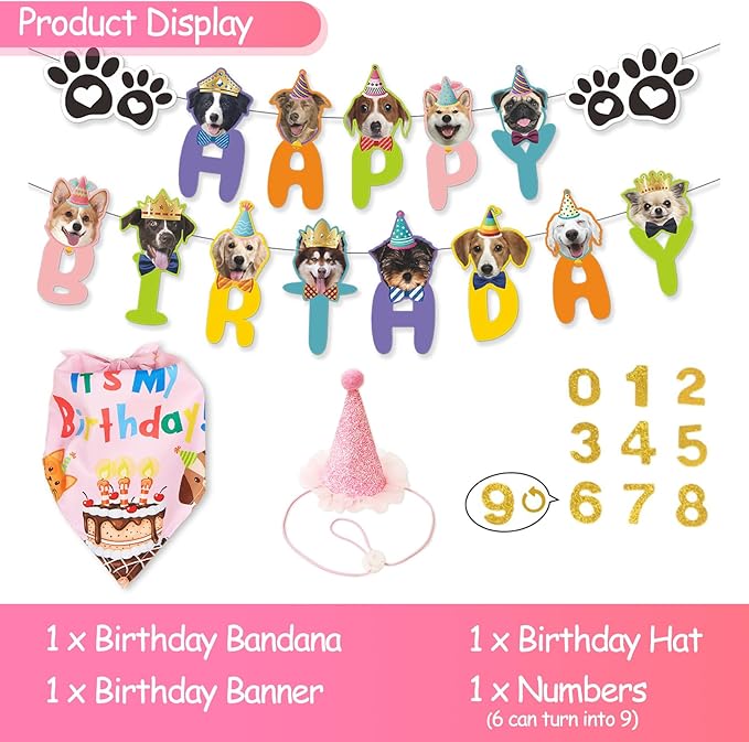 Dog Birthday Party Supplies Set,Birthday Bandana,Boy Girl Dog Birthday Hat with Numbers,Happy Birthday Banner for Golden Retriever French Bulldog Labrador Teddy Husky (Pink)