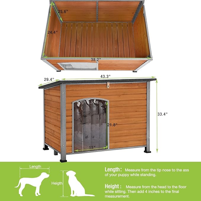 GUTINNEEN Chew Proof Dog House with Metal Iron Frame Outdoor Dog Kennel for Small Medium Large Indoor Dog Cage (43.3" L,Brown Color)