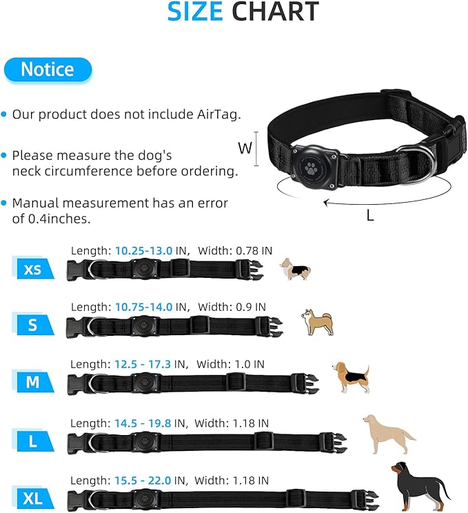 Upgraded AirTag Dog Collar, IP68 Waterproof Air Tag Dog Collar Holder, Reflective, Ultra-Durable, Comfortable Padded, Heavy Duty Dog Collars for Small Medium Large Dogs (M (12.6"-17.1"), Black)