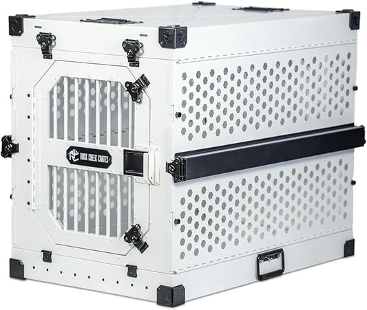 ROCK CREEK CRATES Collapsible Dog Crate: Meticulously Engineered, Durable Aluminum Construction, Non Slip Feet | 10 Year Warranty | Ideal for Indoor & Vehicle Use (White Snowfall, 30 Inch)