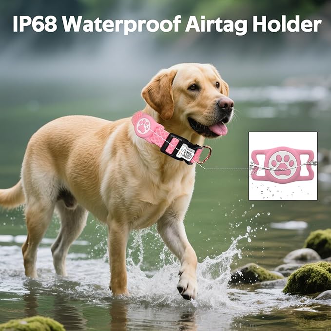 Dog Collar with Waterproof AirTag Holder & Anti-Lost QR Code, Cute Bling Warpping Adjustable Width for Small Medium Large Pet (Red, M)