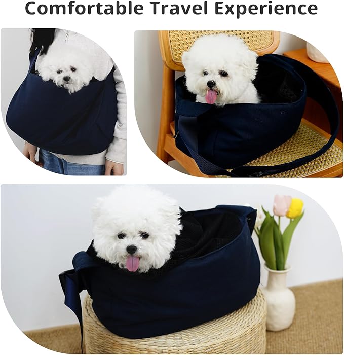 Dog Sling Carrier for Small Dogs and Cats, Lightweight Collapsible Pet Travel Bag with Adjustable Strap, Side Pockets & Breathable Mesh (Navy Blue, 15.7" L x 5.9" W x 8.6" H)