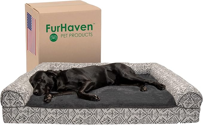 Furhaven Orthopedic Dog Bed for Large Dogs w/ Removable Bolsters & Washable Cover, For Dogs Up to 125 lbs - Plush & Southwest Kilim Woven Decor Sofa - Boulder Gray, Jumbo Plus/XXL