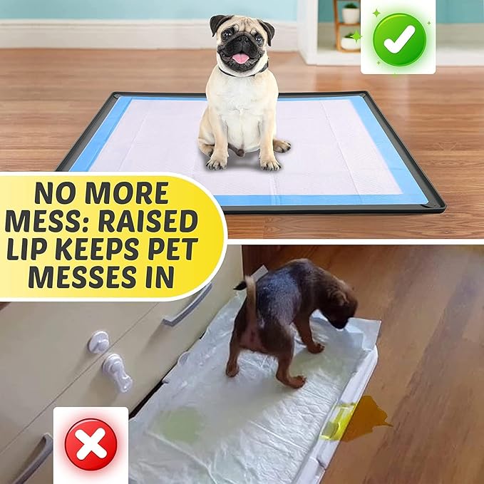 TidyFriend 2 Pk Pee Pad Holder Tray for 28” x 23” Pee Pads with Corner Lock Holes, Raised Edges, Non-Spill, Easy to Clean Silicone Dog Potty Tray Holder, for Indoor Floor Protection (Black)
