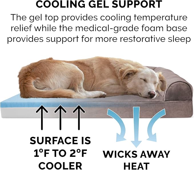 Furhaven Cooling Gel Dog Bed for Large Dogs w/ Removable Bolsters & Washable Cover, For Dogs Up to 125 lbs - Faux Fur & Velvet Sofa - Driftwood Brown, Jumbo Plus/XXL