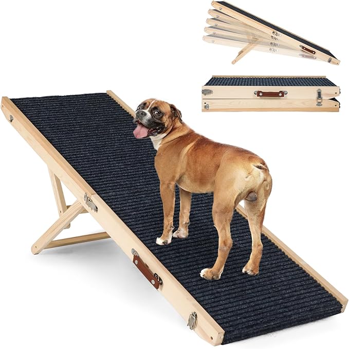 Folding Dog Ramp Safety for Bed, Wooden 5 Adjustable Height Pet Ramps, Potable Dog Steps with Non-Slip Traction Mat, Dog Step, Dogs Stairs for SUV Car, Couch, Safe,Height Bed(47.3 Inch Long)