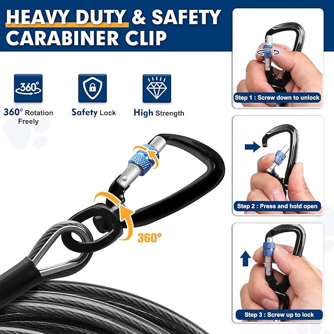 Snagle Paw Dog Tie Out Cable 30FT-1000LBS Break Strength,Heavy Duty Dog Leads for Yard with Shock Absorbing Spring & Swivel Hook,Long Leash Cable for Outdoor Tethering,Dog Line for Small Large Dogs